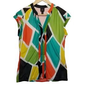 Worthington Blouse Medium Geographic Split V neck Cap Sleeve Colorblock